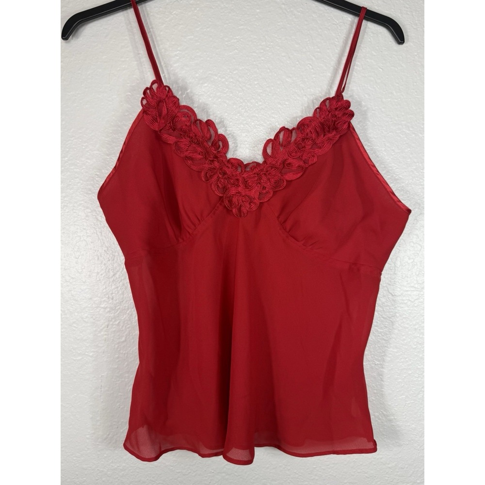 Vintage Delicates Red Sheer Babydoll Cami Women's Large Floral Embellishment Y2K